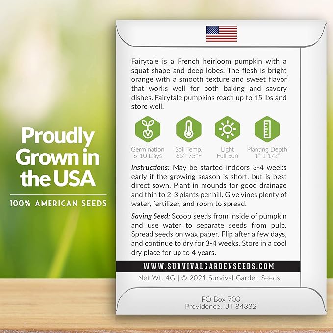 Survival Garden Seeds - Fairy Tale Pumpkin Seed for Planting - 3 Packs with Instructions to Plant and Grow Pumpkins in Your Home Vegetable Garden - Non-GMO Heirloom Variety