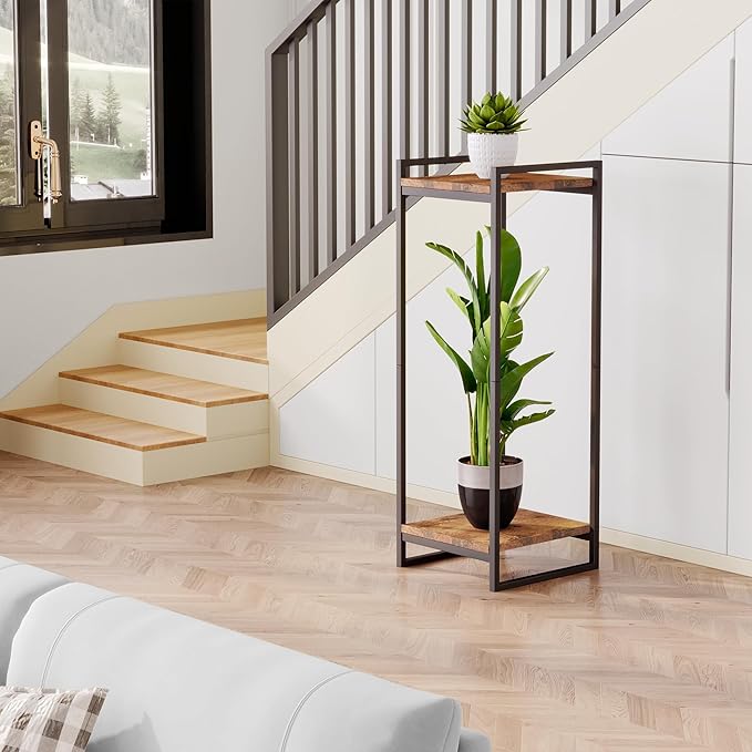 34" Tall Plant Stand Indoor, 2-Tier Modern Plant Shelf Corner Flower Pot Holder Organizer for Living Room Balcony Garden, Rustic Brown