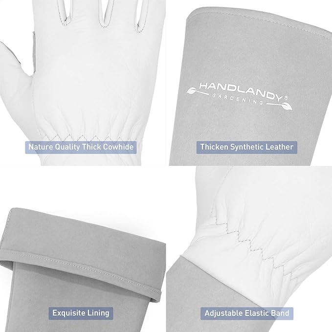 HANDLANDY Long Gardening Gloves for Men & Women, Thorn Proof Rose Pruning Gloves Leather Gauntlets Garden Gloves Yard Work Gloves (Small, Grey)