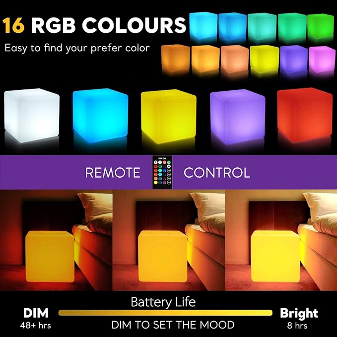 Mr.Go 20-inch LED Lighted Cube Table, Large LED Cube Chair Light, 16 RGB Colors LED Cube Seat w/Remote - Rechargeable - Waterproof - Home Outdoor Patio Pool Bar Stage Party Lighting Decoration