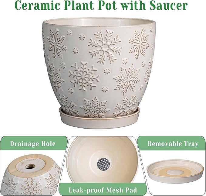 10 Inch Ceramic Planter Pot Large Plant Pot for Indoor Plants Outdoor Round Flower Pot with Drainage Hole and Saucer for Home Garden Decor White