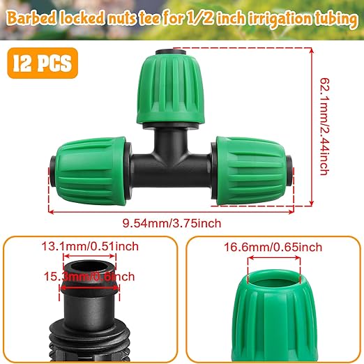 Drip Irrigation 1/2" Tee Fittings：1/2 Inch Drip Line Lock Barbed Tee Connectors for 1/2 Drip Irrigation Tubing (1/2" ID x 0.640" OD) Anti-Drop Three Way Drip Irrigation Parts (12 Pieces)