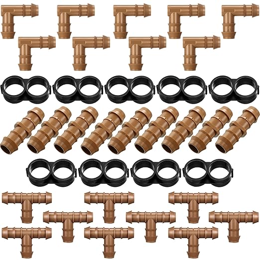 Outus 36 Pieces Drip Irrigation Fittings Kit 1/2 Inch Tubing Fitting Set includes 9 Tees, 9 Couplings, 9 Elbows and 9 End Cap Plugs Drip Barbed Connectors for Compatible Drip or Sprinkler Systems