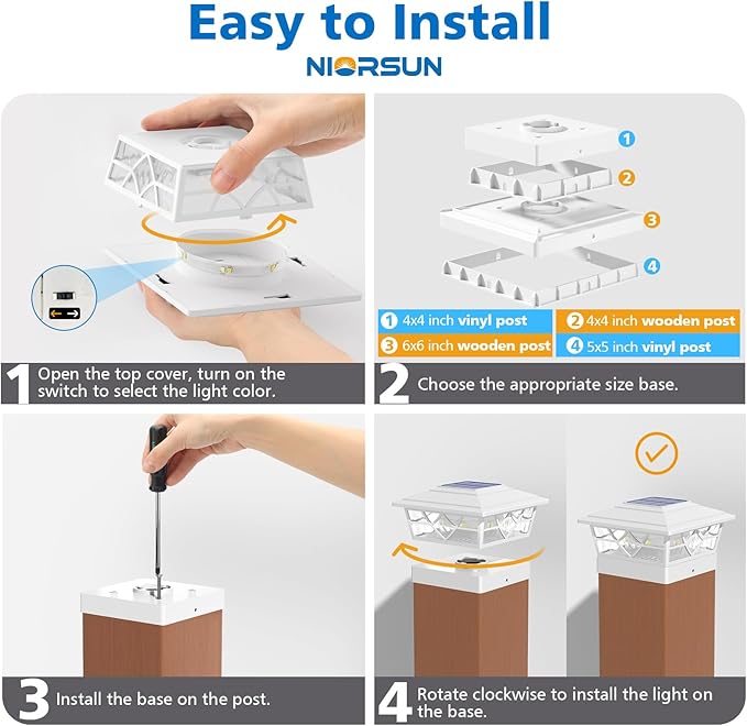 NIORSUN Solar Post Lights Outdoor 6 Pack, 2 Modes LED, Deck Fence Post Solar Lights for 3.5x3.5 4x4 5x5 5.5x5.5 Caps Patio Garden Decoration, White
