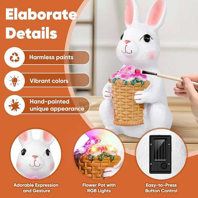 Brightever Solar Powered Garden Statues- Bunny Figurines for Spring & Easter Decor, Outdoor Rabbit Statue with Colorful LED Lights for Patio, Balcony, Lawn, Birthday Gifts for Women, Mom, Grandma