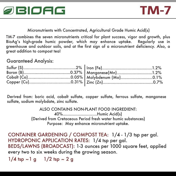 TM7 Organic Humic Acid Soil Conditioner Plus Essential Micronutrients, Dry Amendment for All Plants, S B Co Cu Fe Mn Mo Zn (300 Grams)