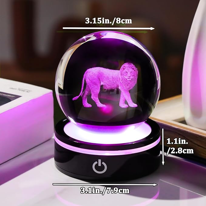 YWHL 3D Crystal Ball Lion Figurine with LED Base, Lion Gifts for Men Women Lions Lovers on Christmas Birthday, Lions Ornament Glass Sphere Decorative Ball for Home Decor (80mm)