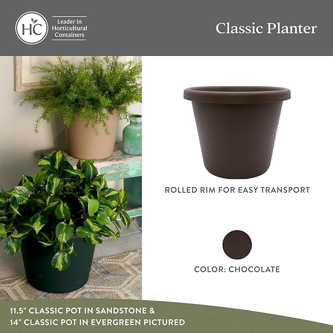 The HC Companies 11.5 inch Round Classic Planter - Plastic Plant Pot for Indoor Outdoor Plants Flowers Herbs, Chocolate (2 Pack)