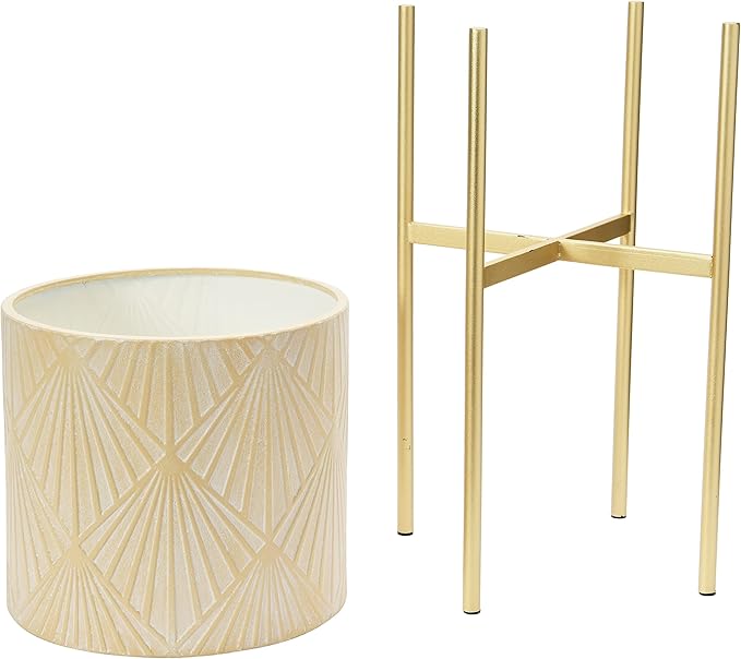 Main + Mesa Modern Boho Embossed Metal Planters with Stands, Cream and Gold, Set of 2 Sizes