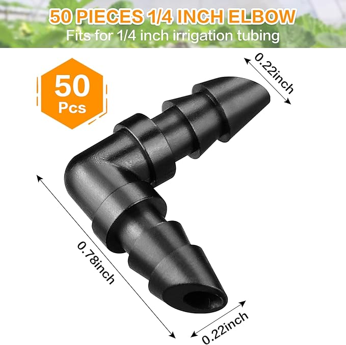 Drip Irrigation Elbow Fittings：50 Pieces Barbed Elbow Irrigation Parts with Sharp End Fits for 1/4 Inch Irrigation Tubing Drip Line Elbow Connectors for Garden Lawn Irrigation System