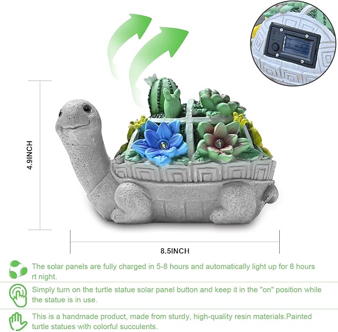 Garden Decor Statue,Solar Turtle with Succulent & 6 LED Lights - Outdoor Figurine for Lawn Decoration, Gifts for mom，Handcrafted Resin Sculpture -Garden Lovers/Mothers Day/Christmas Day Gift