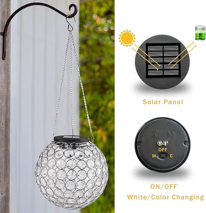 Solar Lantern Hanging Outdoor Christmas Decorative, Dual LEDs Dia 7.5‘’ Color Changing and Cool White Crystal Globe Hanging Lights Waterproof with S Hooks Decor in Garden, Pathway, Front Door-Clear