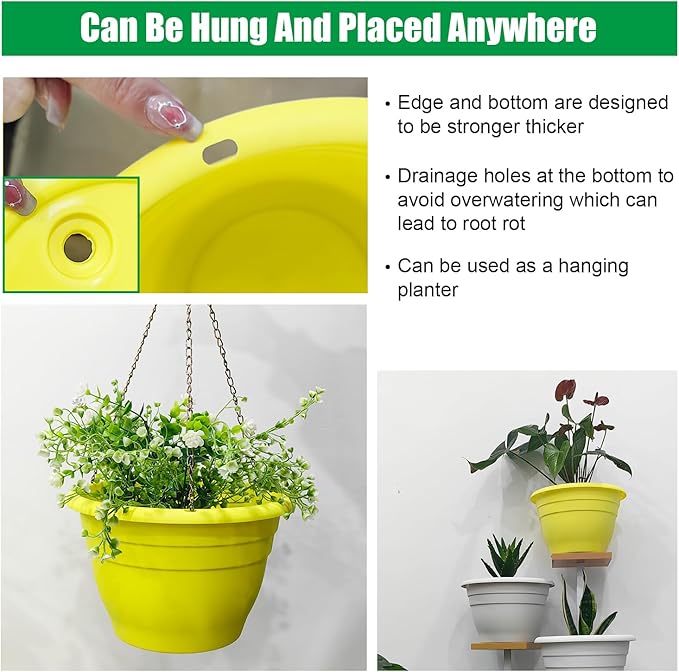 10" Planter Pot for Indoor Plants 5 Pack Plant Pots with Drainage Hole and Rubber Plug, Durable Lightweight Flower Pots Perfect for Home Decor, Yellow