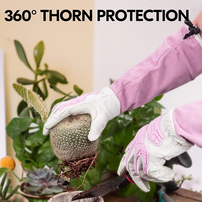 Vgo... 1-Pair Premium Geniune Goat Leather Extra-long Cuff Thornproof, Anti-abrasion, Anti-Impact Gardening Gloves (Size L, White, GA9659)