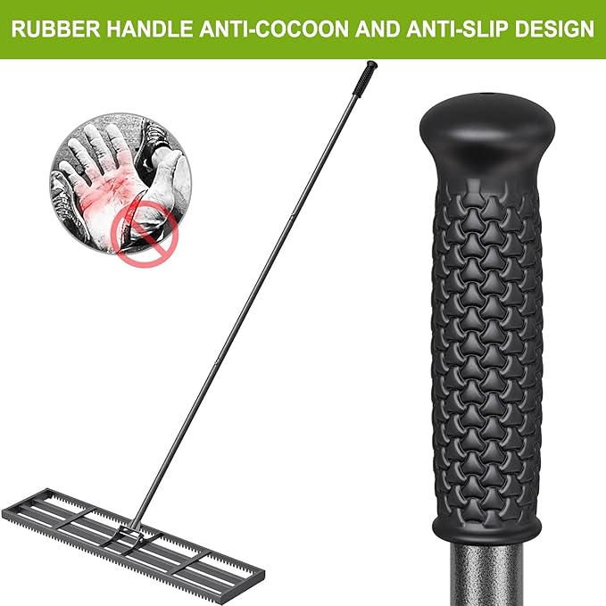 Lawn Leveling Rake with Rounded Edges, 42 x 10'' Leveling Rake with Tines for Soil, Heavy Duty Lawn Leveler with 7FT Handle, Ground Level Tool for Farm, Garden, Backyard