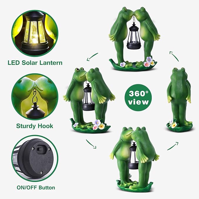 Solar Frogs Statue for Easter Garden Decor Solar Lantern LED Outdoor Decoration Figurines for Porch Patio,Yard,Lawn - Frog Gifts for Women Mom Grandma Wife (Kiss Frog)
