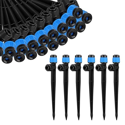 60 Pcs Drip Irrigation Emitters with Stake - Adjustable Drip Emitter Vortex for 1/4" Drip Line Irrigation Tubing - Drip Irrigation System Parts Drippers Sprinkler Heads for Garden Watering System-Blue