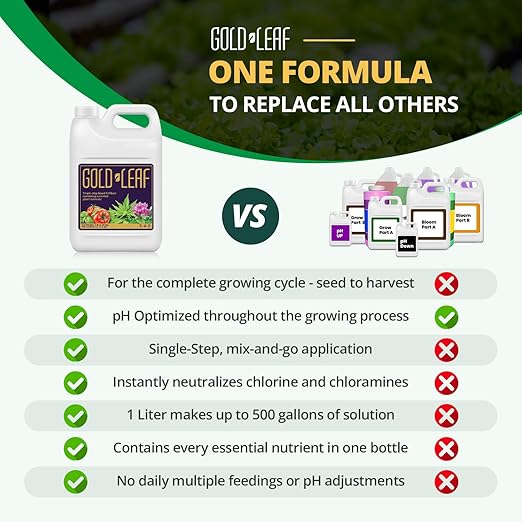 1L Gold Leaf Liquid Fertilizer Single-Step Plant Fertilizer with Every Essential Nutrient for Healthy Bigger Buds & Blooms, Optimized pH for Soil, Hydroponics, and Coco Growers