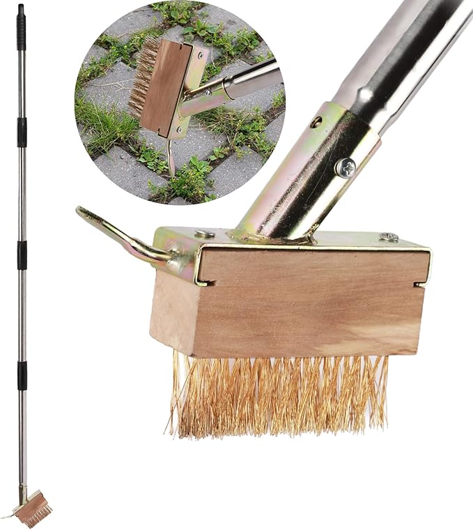 Weed Remover Manual Crevice Weeding Brush Long Handle, Crack Weeder, Stainless Steel Moss Removal Puller for Cleaning Block Paving Grout Deck Paver Patio Walkway Driveway