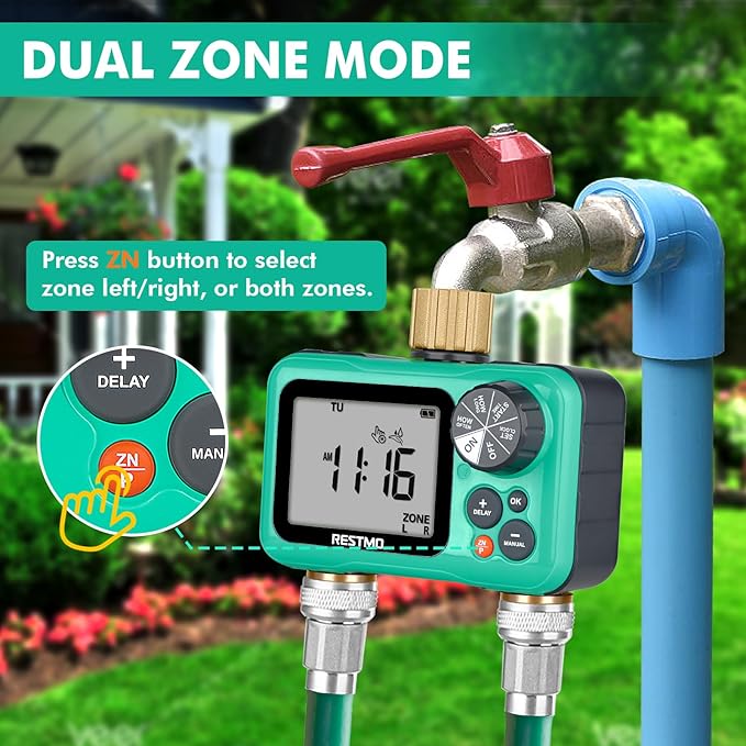 RESTMO Sprinkler Timer with Brass Inlet & Outlet, 2 Zone Programmable Water Timer for Garden Hose, 3 Separate Programs Hose Timer, Manual/Rain Delay/Automatic Watering for Drip Irrigation and Lawn