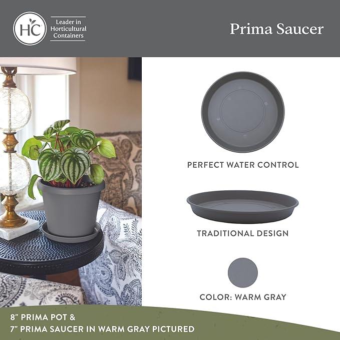 The HC Companies 7 Inch Round Prima Plastic Plant Saucer - Indoor Outdoor Plant Trays for Pots - 7.09 Inchx7.09 Inchx0.87 Inch in Warm Gray