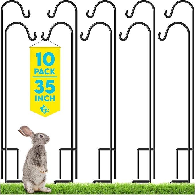 Gray Bunny Shepherds Hooks for Outdoor 35” 10 Pack, Thick Heavy Duty Bird Feeder Pole for Outside Yard, Hanging Plant Stand, Non-Hollow, Non-Adjustable, Extra Long Base Prongs for Backyard Wedding