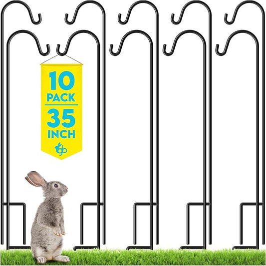 Gray Bunny Shepherds Hooks for Outdoor 35” 10 Pack, Thick Heavy Duty Bird Feeder Pole for Outside Yard, Hanging Plant Stand, Non-Hollow, Non-Adjustable, Extra Long Base Prongs for Backyard Wedding