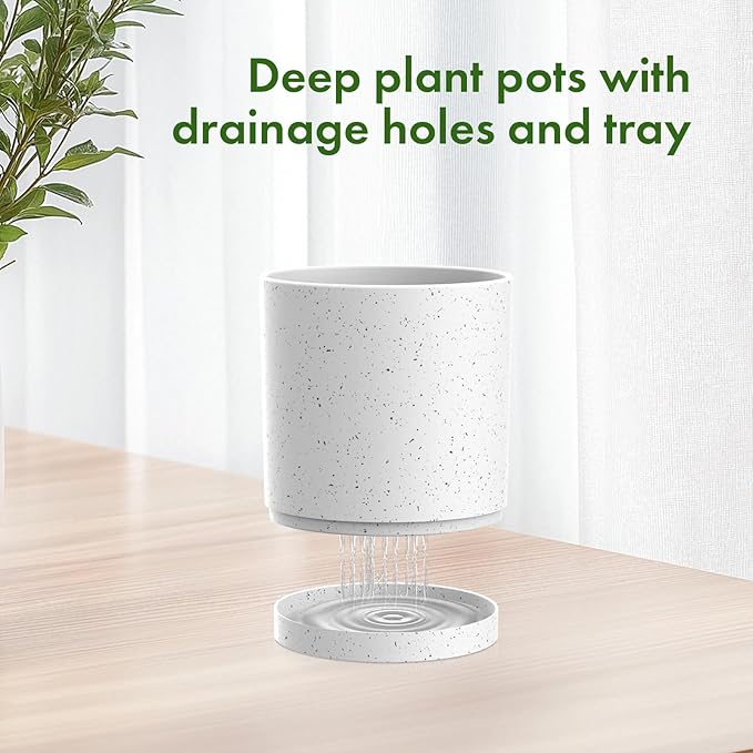 8/7/6 inch Flower Pots, 3 Set Cylindrical Plant Pots for Outdoor Indoor Plants, Decorative Plastic Planters with Drainage Holes and Saucers for Garden House Plants, White with Black Speckles