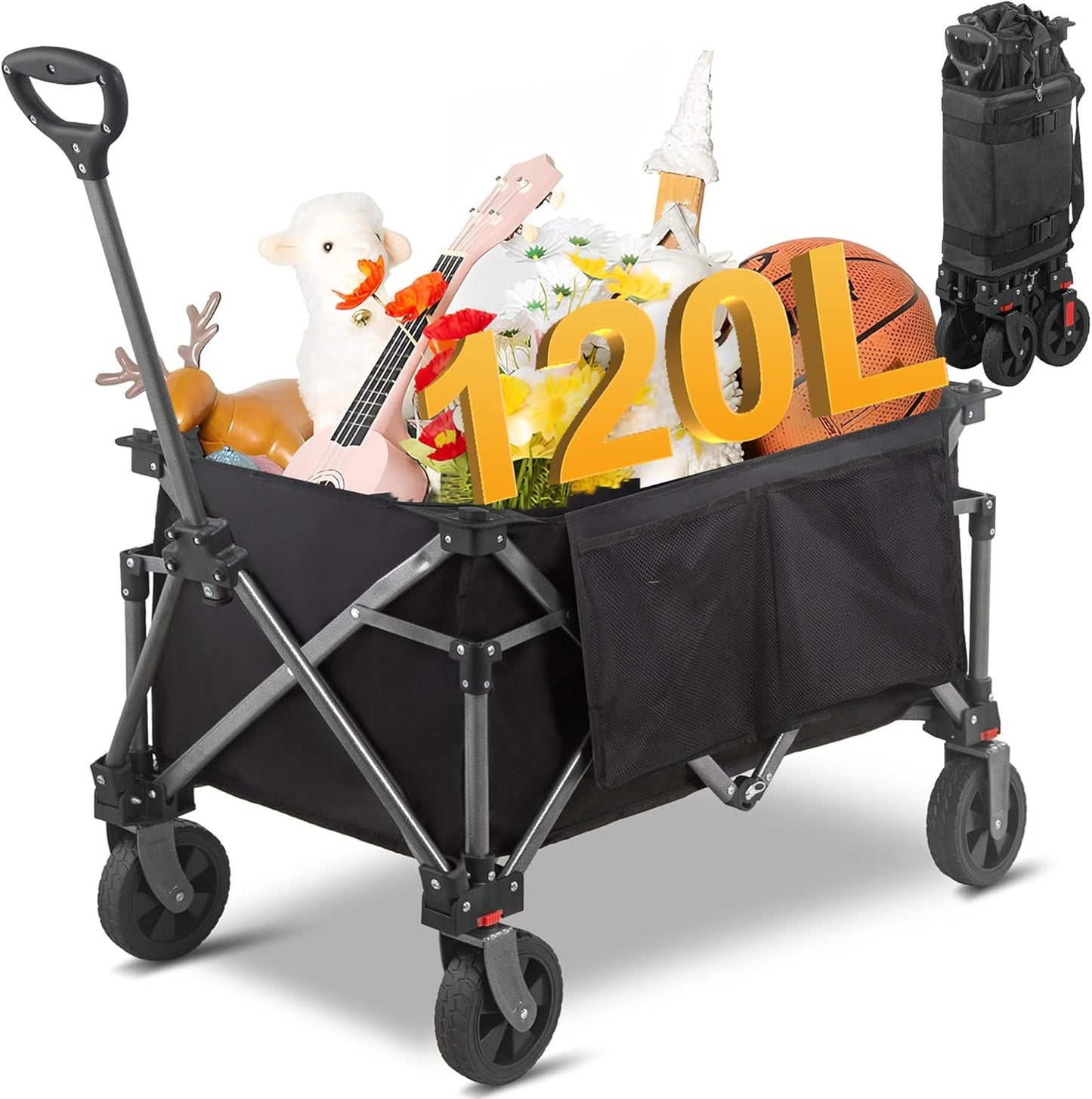 Collapsible Folding Wagon Cart, 220LBS Heavy Duty Foldable Utility Garden Cart with All Terrain Wheels & Side Storage Bag, Portable Sports Wagon for Camping, Shopping, Garden (Black)