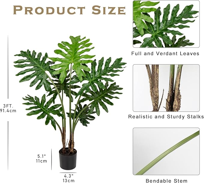 Hollyone Artificial Tree Philodendron Plant 3FT Tall Faux Monstera Indoor Trees Fake Tropical Palm Plants Trees House Plants in Pot for Indoor Outdoor Home Office Garden Living Room Decoration, 1 Pack