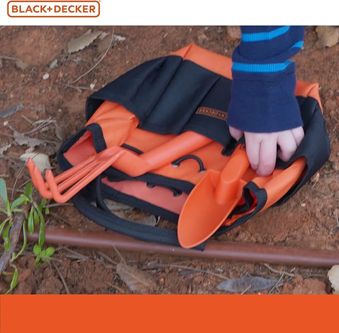 Black & Decker Four Piece Gardening Hand Toolset for Kids – Garden Tool Bag That Holds Plastic Hand Tools