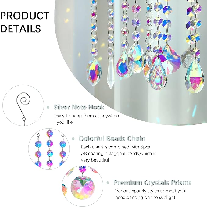 HDCRYSTALGIFTS 9 Pack Iridescent Sun Catchers with Crystals,Rainbow Maker Crystal Suncatchers for Window Hanging Colored Glass Wind Chimes Prism Pendant Suncatcher Beads for Decoration