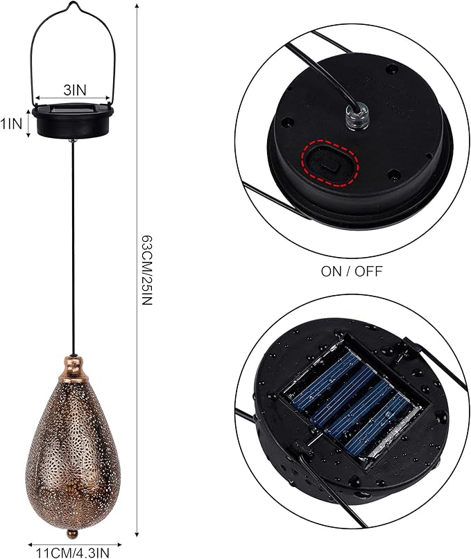 MAGGIFT 2 Pack Solar Hanging Lights, Solar Powered Decorative Retro Lantern with Handle, Warm White LED Christmas Garden Boho Flower Lights, Metal Drop Shape Waterproof Outdoor Yard Tree Fence Patio