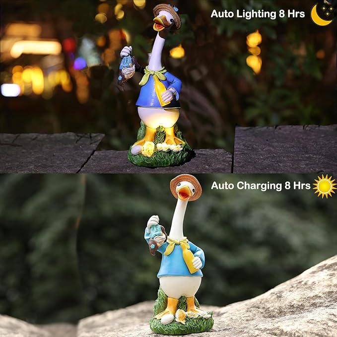 Garden Goose Statue Outdoor Decor, Funny Drunk Gnome Catched by Gardener Goose with Solar Bottle,Ideal Gifts for Women,Outdoor & Home Decor for Housewarming