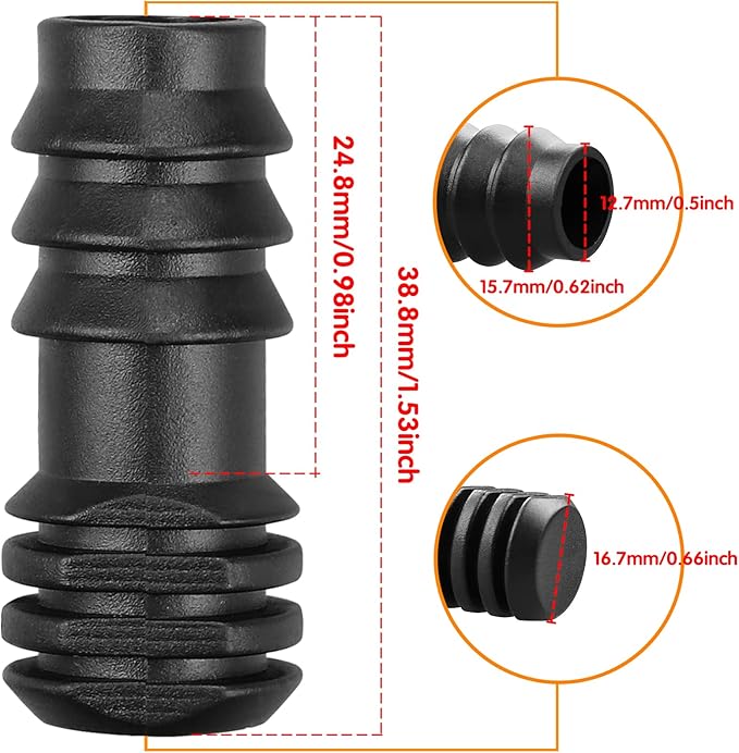 Drip Irrigation Fittings for 1/2 inch Irrigation Tubing(0.60"-0.63" OD), 12 Pieces End Plug Barbed Connectors, End Caps Plastic Plug Nuts for 1/2" Drip Irrigation Hose (13mm ID)