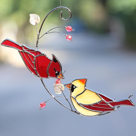 Cardinal Stained Glass Suncatchers for Windows Hanging Decorative,Couple Red Love Birds Sun Catchers for Christmas Ornaments,Real Stained Glass Cardinal Memorial Gifts for Women/Mom
