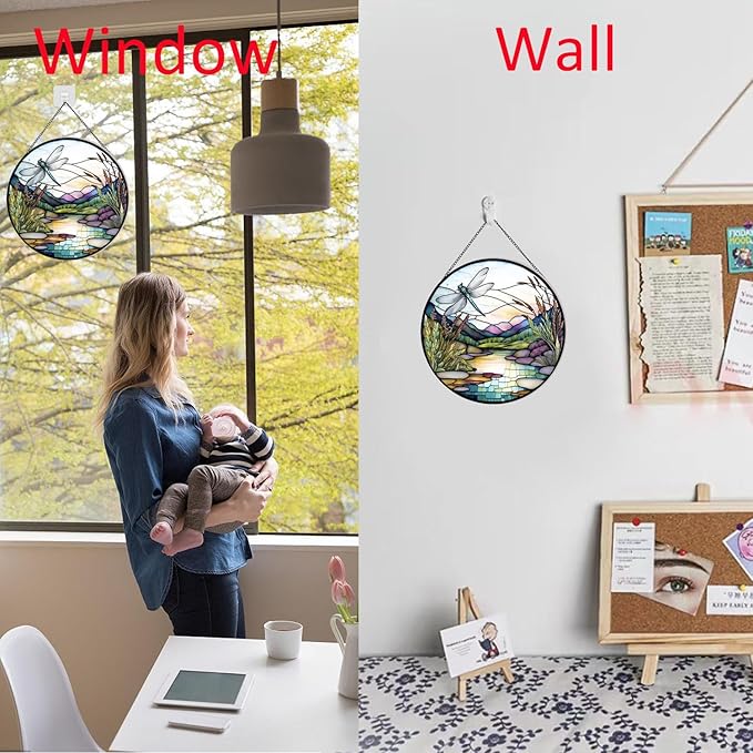 River and Dragonfly Pattern Suncatcher Stained Glass,Hanging Stained Glass for Windows,20cm/7.87inch Hand-Painted Sun Catcher Garden Hangings Painted Glass Panel Decor Themed Gift