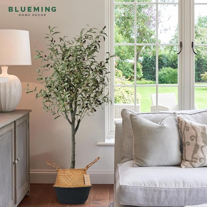 Basket Planter – Woven Seagrass Plant Pot for Tall Indoor Artificial Plants, Wicker Rattan Planters for Boho Decor 9-10 Inches (Black Bottom, Large)