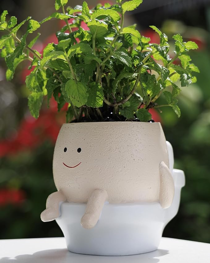 Smily Face Planter Pot Funny Toilet Plant Pots Cute Resin Flower Head Planters Succulent Pots for Indoor Outdoor Plants Unique Bathroom Planter with Drainage Hole (Large)