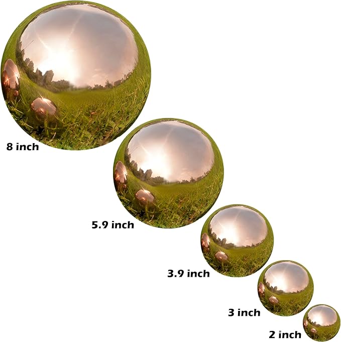 Nerien Gazing Ball, Stainless Steel Garden Mirror Globe, Polished Ornament Sphere, Hollow Floating Reflective Hemisphere, for Home Outdoor Pond Housewarming Swimming Pool Decoration, Rose Gold, 8Pcs