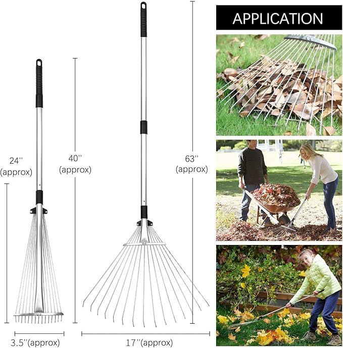Buyplus Adjustable Garden Leaf Rake - 24 to 63 Inch Telescopic Metal Rake, Expandable Folding Leaves Rake for Lawn Yard, Flowers Beds, Black