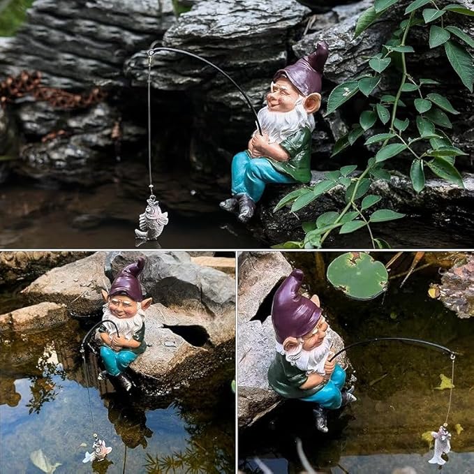 Gnomes Fishing Statue Garden Decor – 9.8" Weatherproof Resin Gnomes Fishing Sculpture Decor for Fish Ponds, Koi Ponds, Waterfalls, Poolside & Outdoor Gardens– Resin Figurine for Indoor & Outdoor Décor
