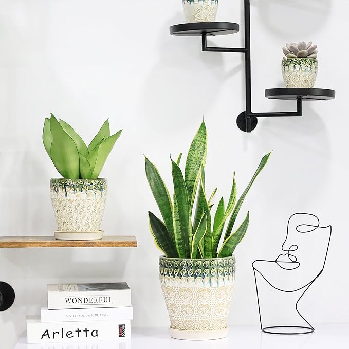 Ceramic Planter Pots for Indoor Plants, 8Inch + 6 Inch Plant Pot with Drainage Holes, Saucers and Mesh Pads, Succulent Orchid Flower Pot -Set of 2