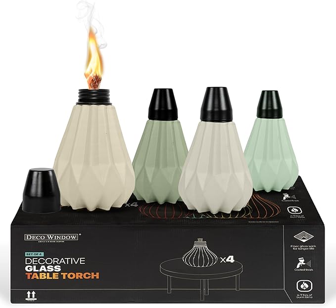 Deco Window Pack of 4 Table Torch for Indoor Outdoor Citronella Oil Tabletop Ceramic Lamp Landscape Multicolored Lantern with Fiberglass Wick & Cap for Garden Patio Yard Party Decor Light