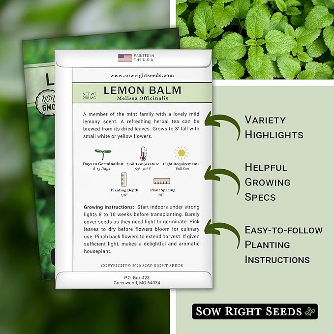 Sow Right Seeds - Lemon Balm Seeds for Planting - Non-GMO Heirloom Packet with Instructions - Easy to Grow Herb Garden - Aromatic Herb and Great for Herbal Teas - Perennial Mint Relative (1)