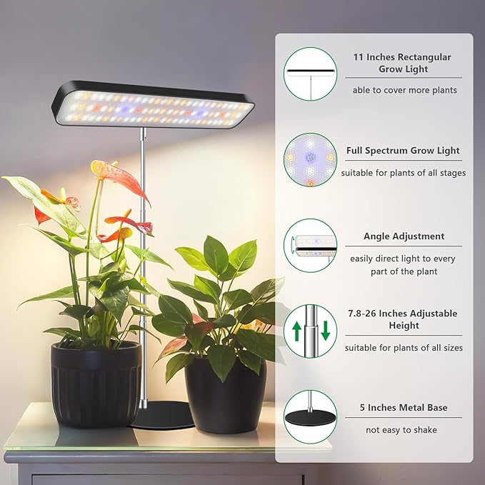 Grow Light, Full Spectrum Desktop Plant Lights for Indoor Growing 2 Pack Black, Large Area Lighting LED Grow Lights with Base, Height Adjustable 7.8 to 26 Inch Plant Lamp with 6/12/16H Timer
