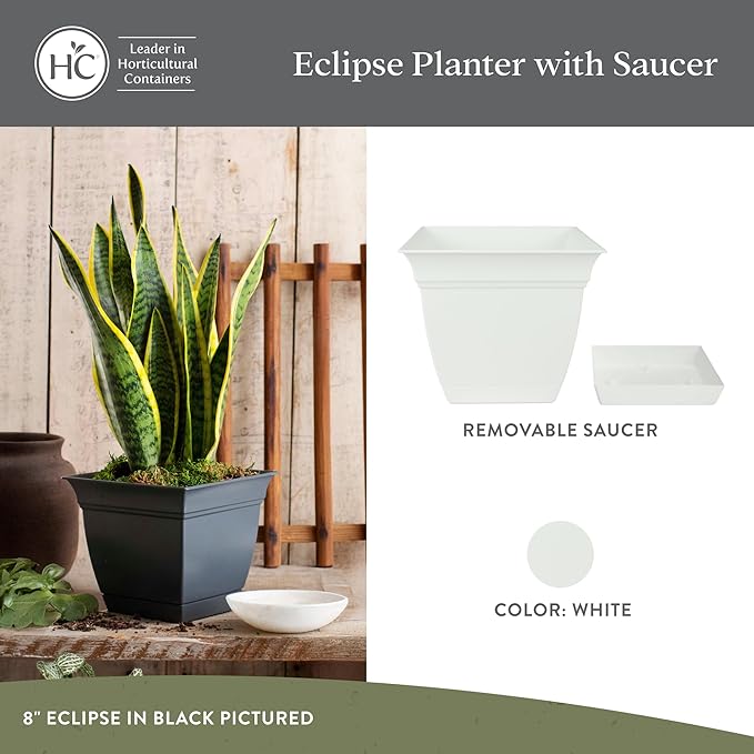 The HC Companies 12 Inch Eclipse Square Planter with Saucer – Indoor Outdoor Plant Pot for Flowers Vegetables Herbs, White (Pack of 2)