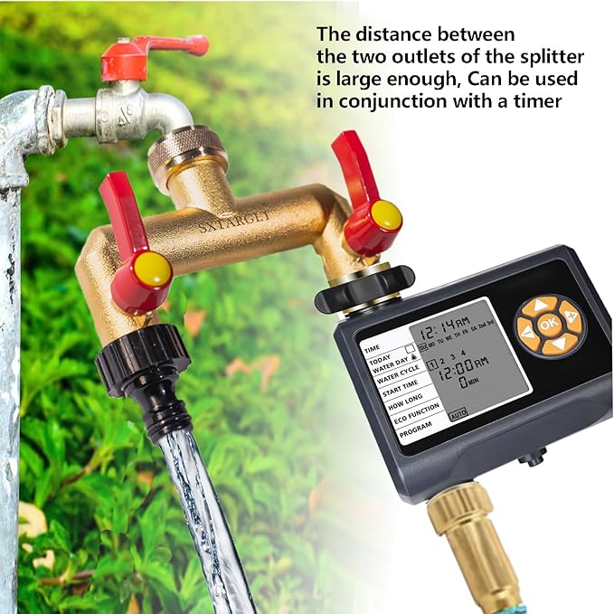 Brass garden hose splitter,、2 way hose splitter with 2 Extension Handles, GHT 3/4”Outdoor Faucet Diverter for irrigation system with extra 1 Filter Rubber Washers 2 Quick Connectors 1 Tape