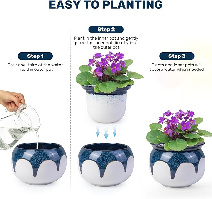 African Violet Pots,6 Inch Self Watering Pots for Indoor Plants,Easy Plant Self Watering Planter, Ceramic Plant Pot with Absorbent Inner Pot for Flowers - Gradient Blue