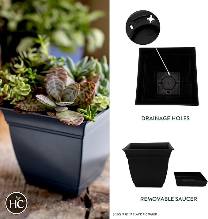 The HC Companies 12 Inch Eclipse Square Planter with Saucer - Indoor Outdoor Plant Pot for Flowers, Vegetables, and Herbs, Black